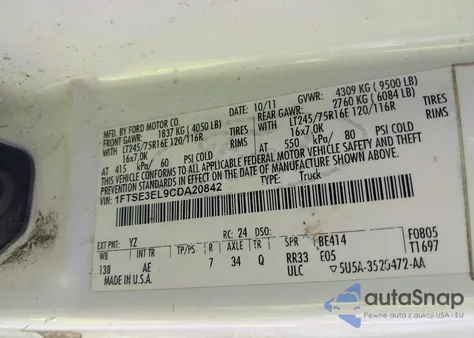 2012 Ford E-350 Super Duty Commercial z USA, uszkodzony, nr VIN 1FTSE3EL9CDA20842